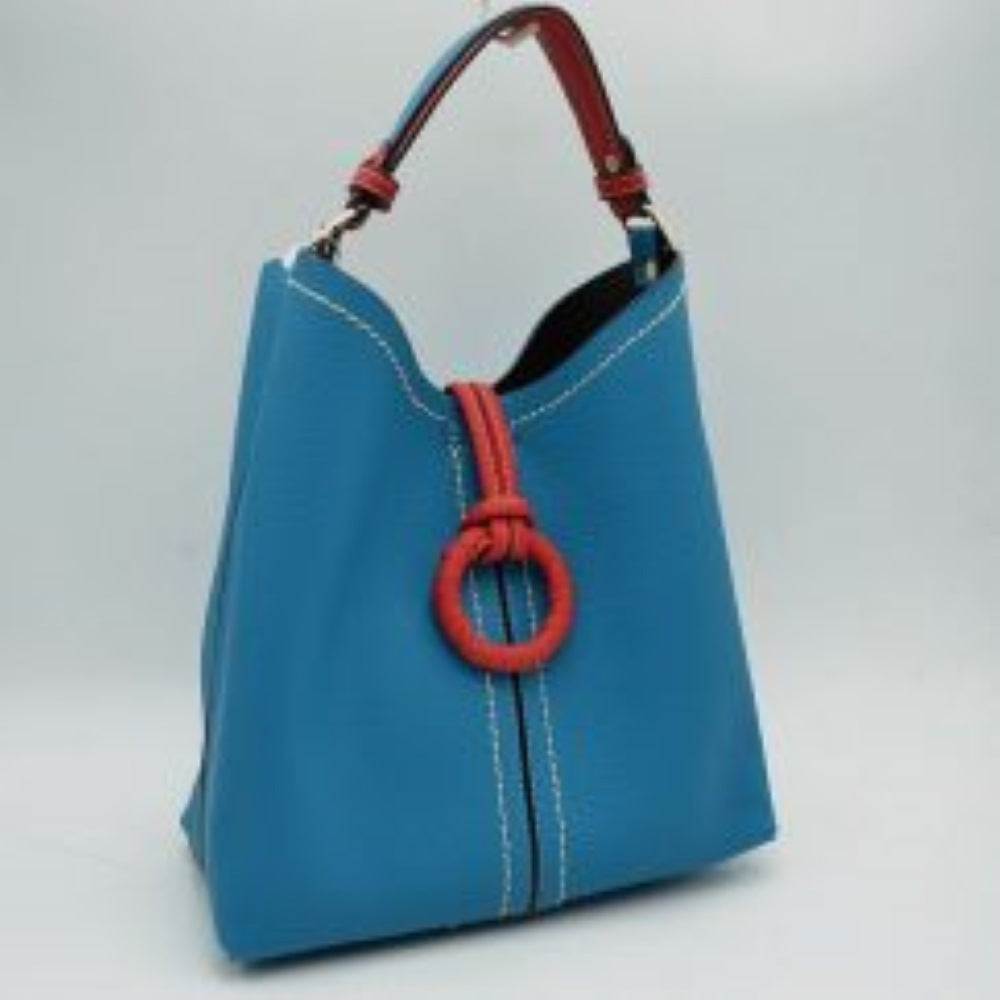 Pebbled Bucket Bag with Contrast Ring Accent and Top Handle