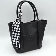 Classic Pebbled Tote Bag with Front Pocket and Checkered Scarf Accent