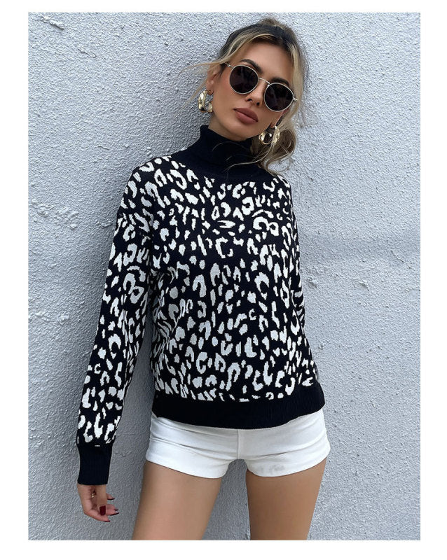 Turtleneck Jacquard Black Leopard Print European and American Sweater - Closther