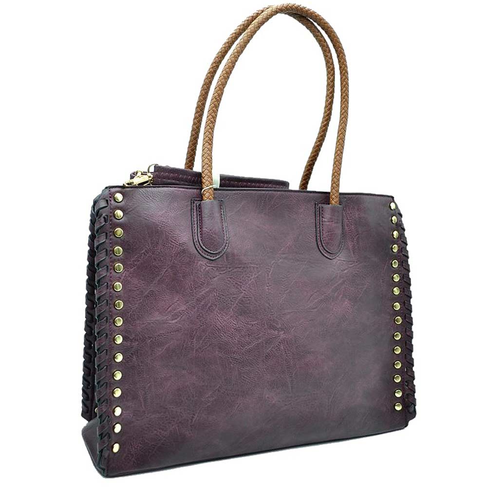 Women's Studded Faux Leather Whipstitch Shoulder Bag Tote