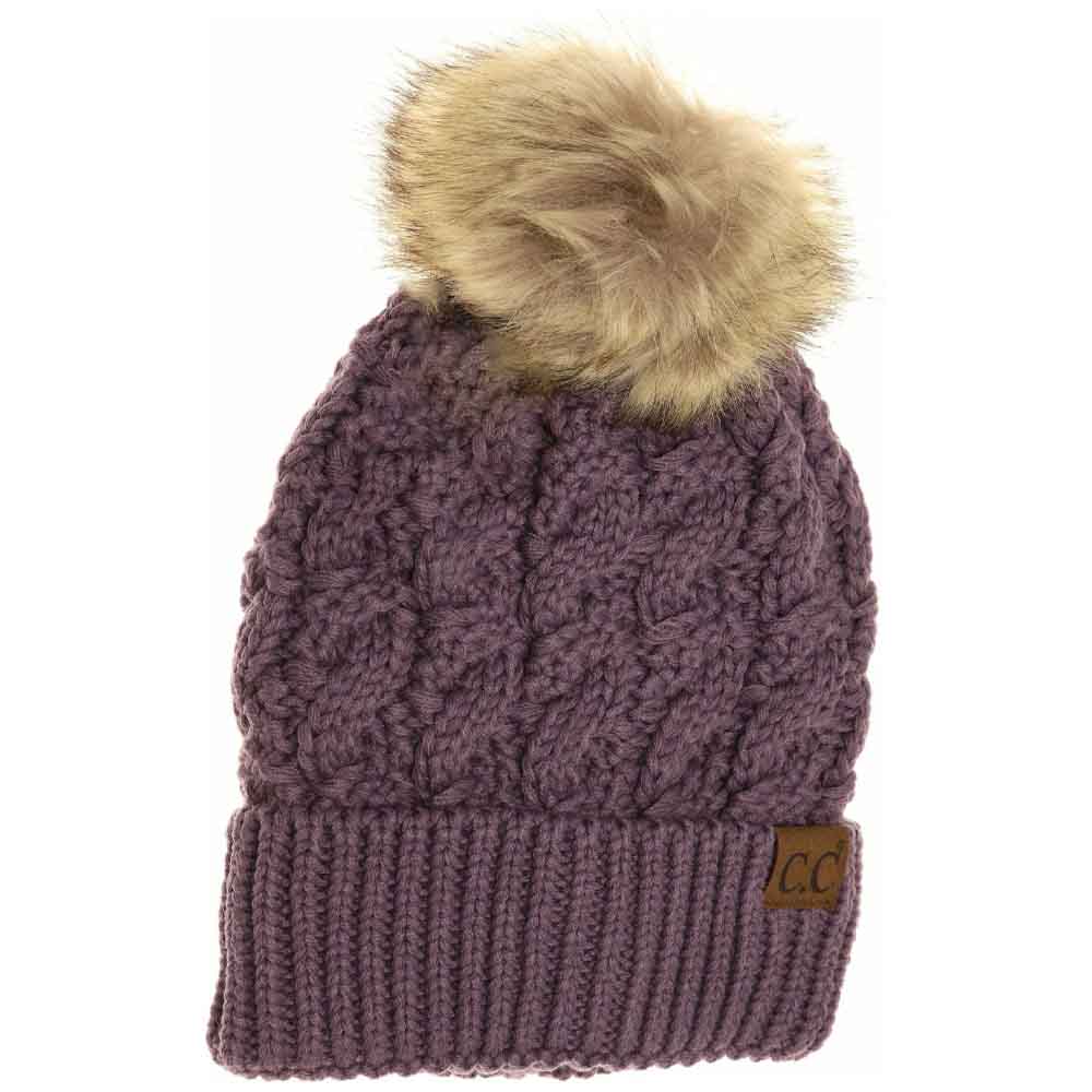 Ribbed Cable Knit Fur Pom C.C Beanie