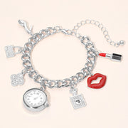Silver Dipped Quatrefoil High Heel Lips Lipstick Charm Watch Bracelet