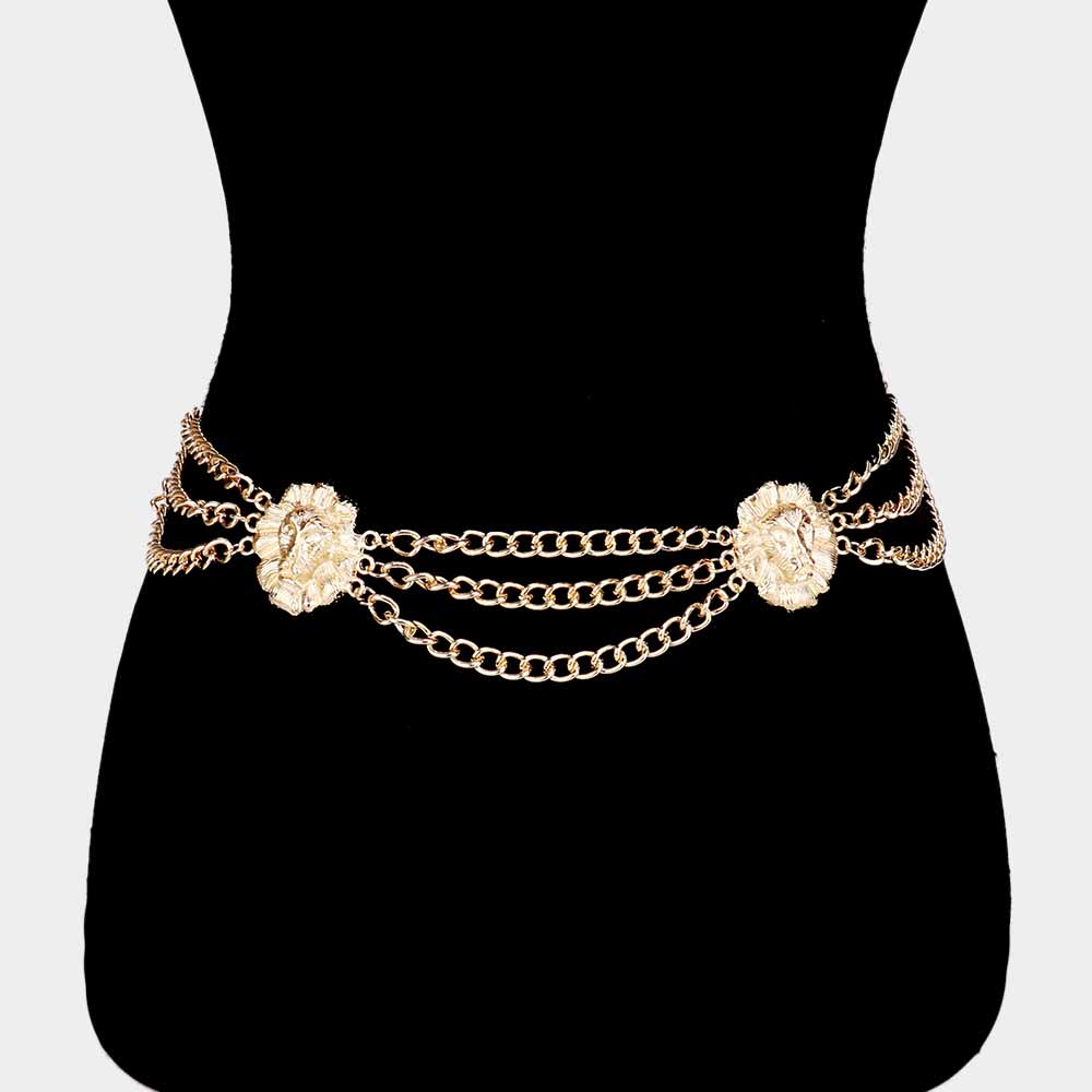 Double Lion Accented Draped Metal Chain Belt