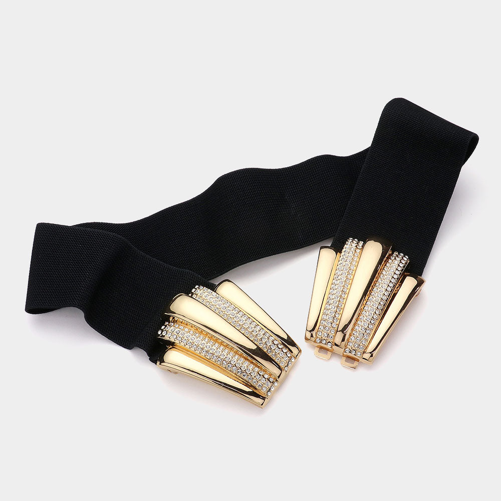 Stone Paved Metal Plate Buckle Accented Elastic Belt