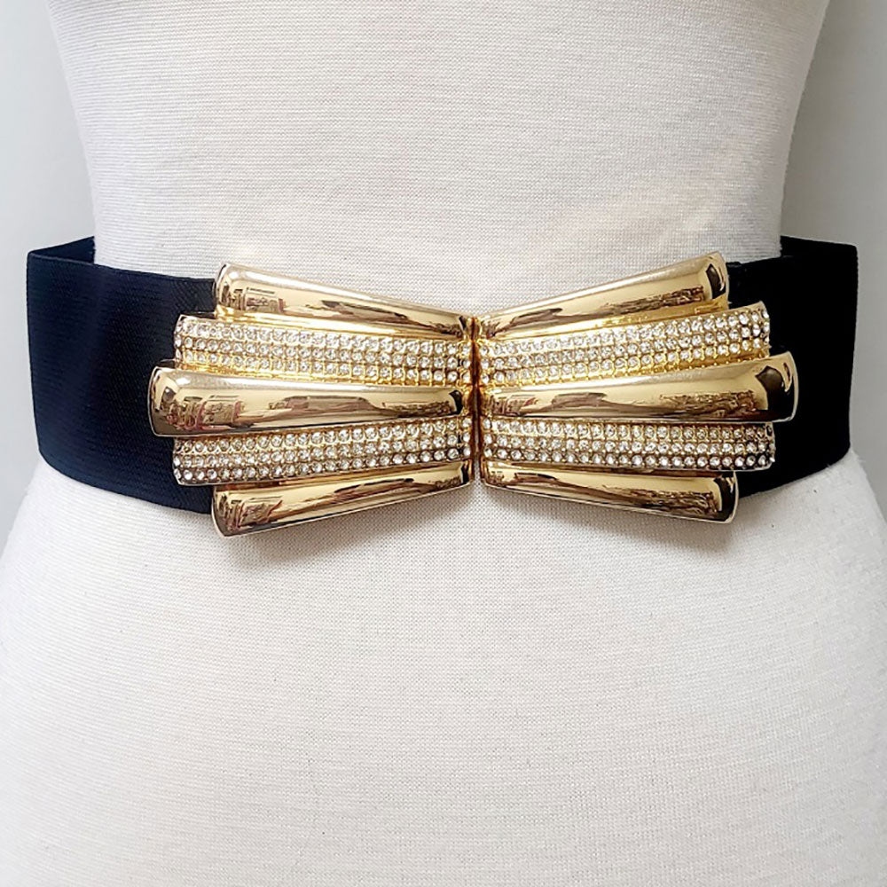 Stone Paved Metal Plate Buckle Accented Elastic Belt