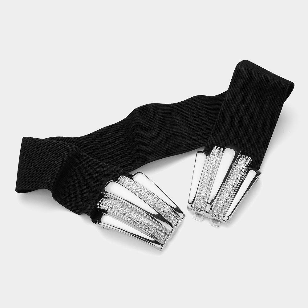 Stone Paved Metal Plate Buckle Accented Elastic Belt