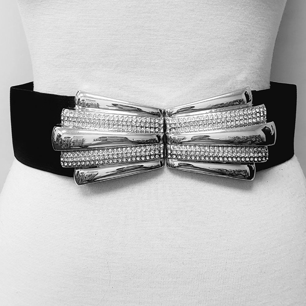 Stone Paved Metal Plate Buckle Accented Elastic Belt