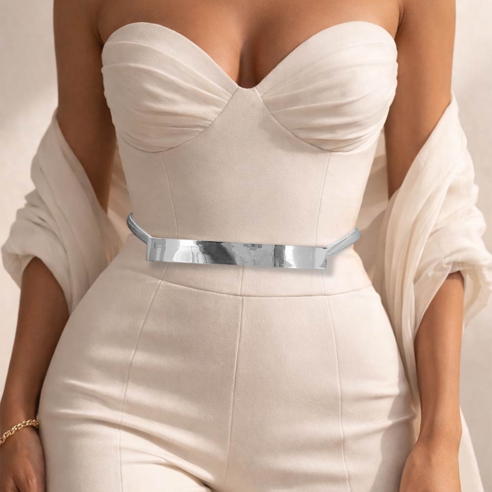 Sleek Metal Bar Buckle Accent Stretch Metal Belt