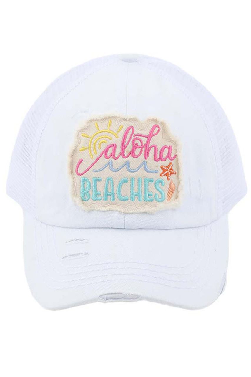 C.C Women's Distressed Aloha Beaches Patch Ponytail Cap