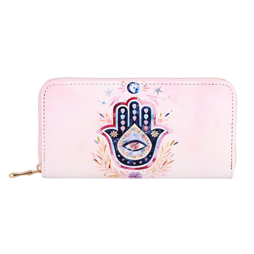 Evil Eye Centered Hamsa Hand Leaf Print Wallet
