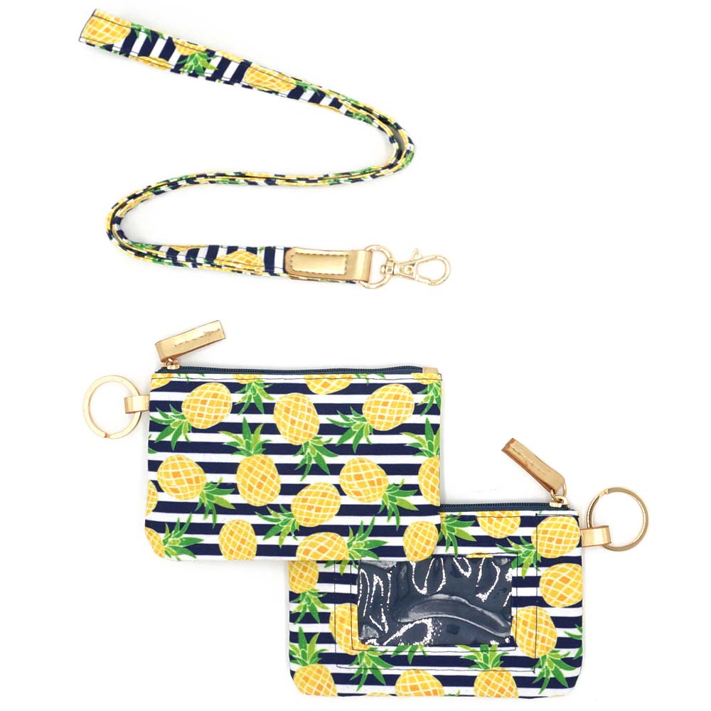 Pineapple Accented Striped ID Wallet Detachable Lanyard