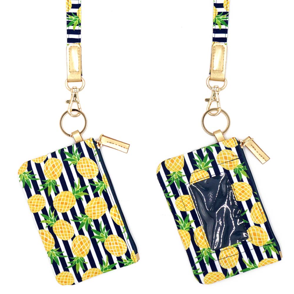 Pineapple Accented Striped ID Wallet Detachable Lanyard