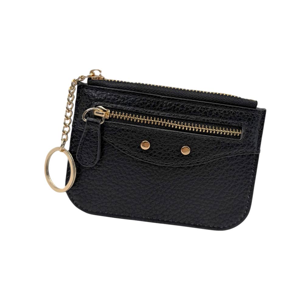 Compact Slim Faux Leather Zip Card Holder Wallet with Key Ring