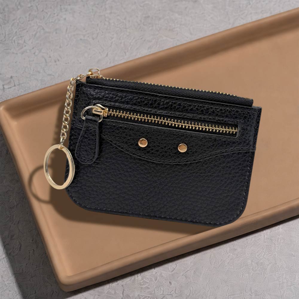 Slim Card Holder Wallet with Zipper Pocket and Heart Keyring