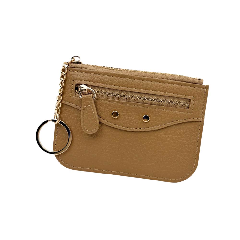 Compact Slim Faux Leather Zip Card Holder Wallet with Key Ring