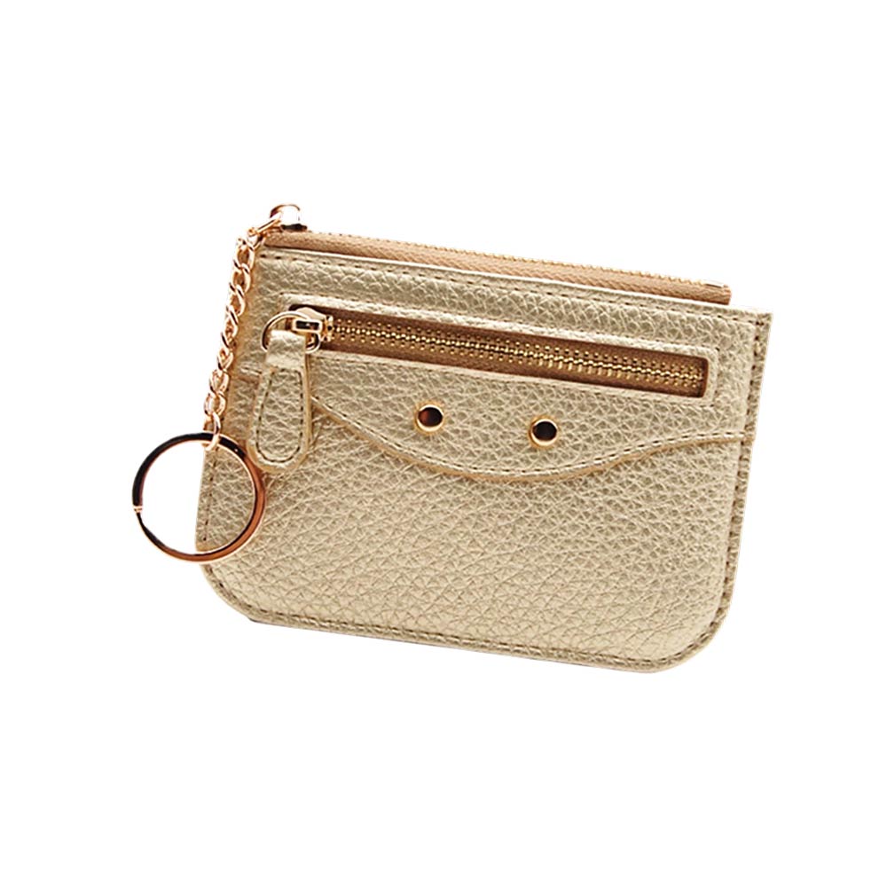 Compact Slim Faux Leather Zip Card Holder Wallet with Key Ring