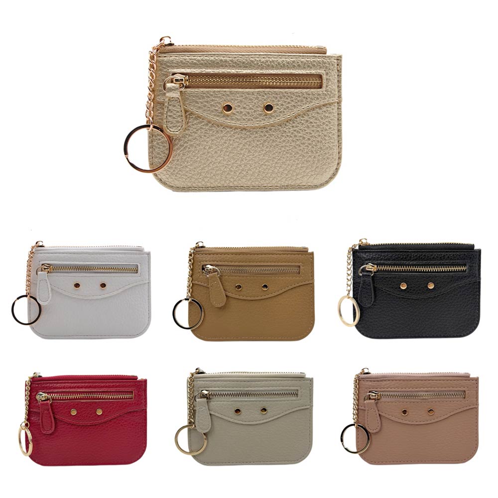 Compact Slim Faux Leather Zip Card Holder Wallet with Key Ring