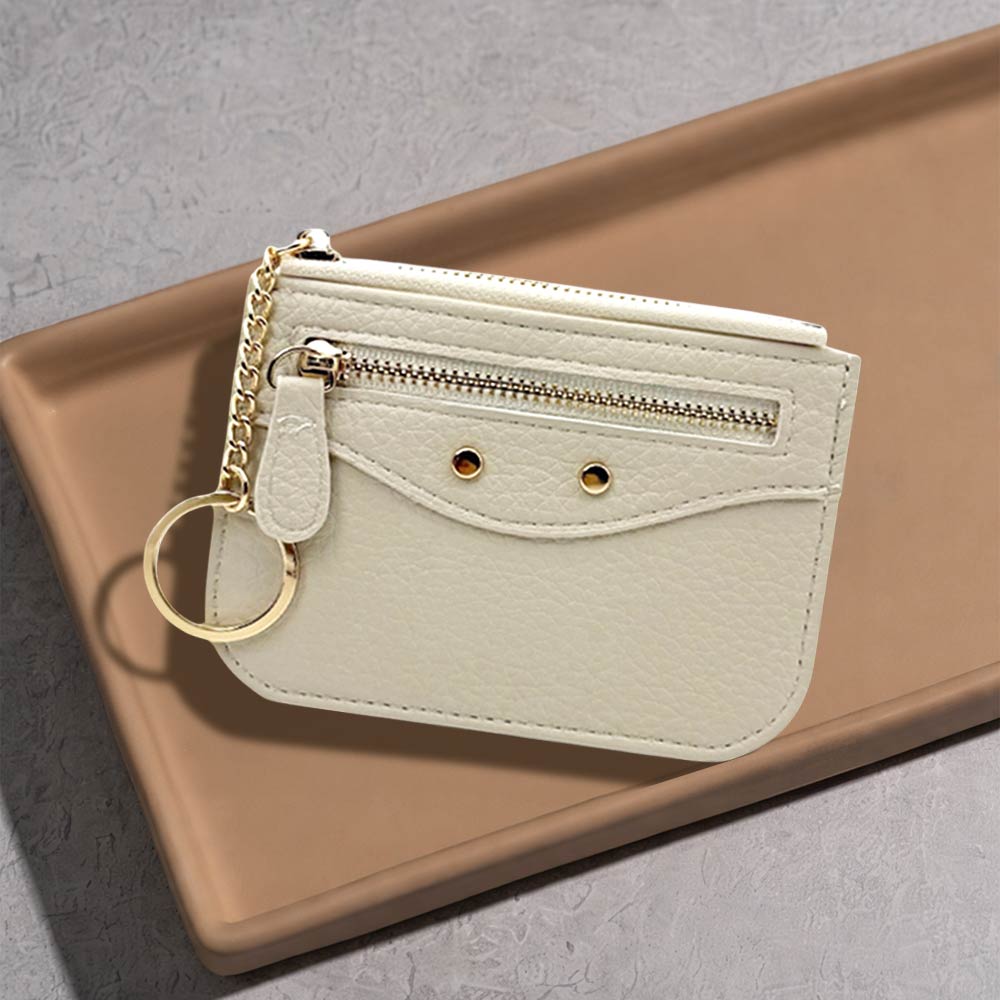 Compact Slim Faux Leather Zip Card Holder Wallet with Key Ring