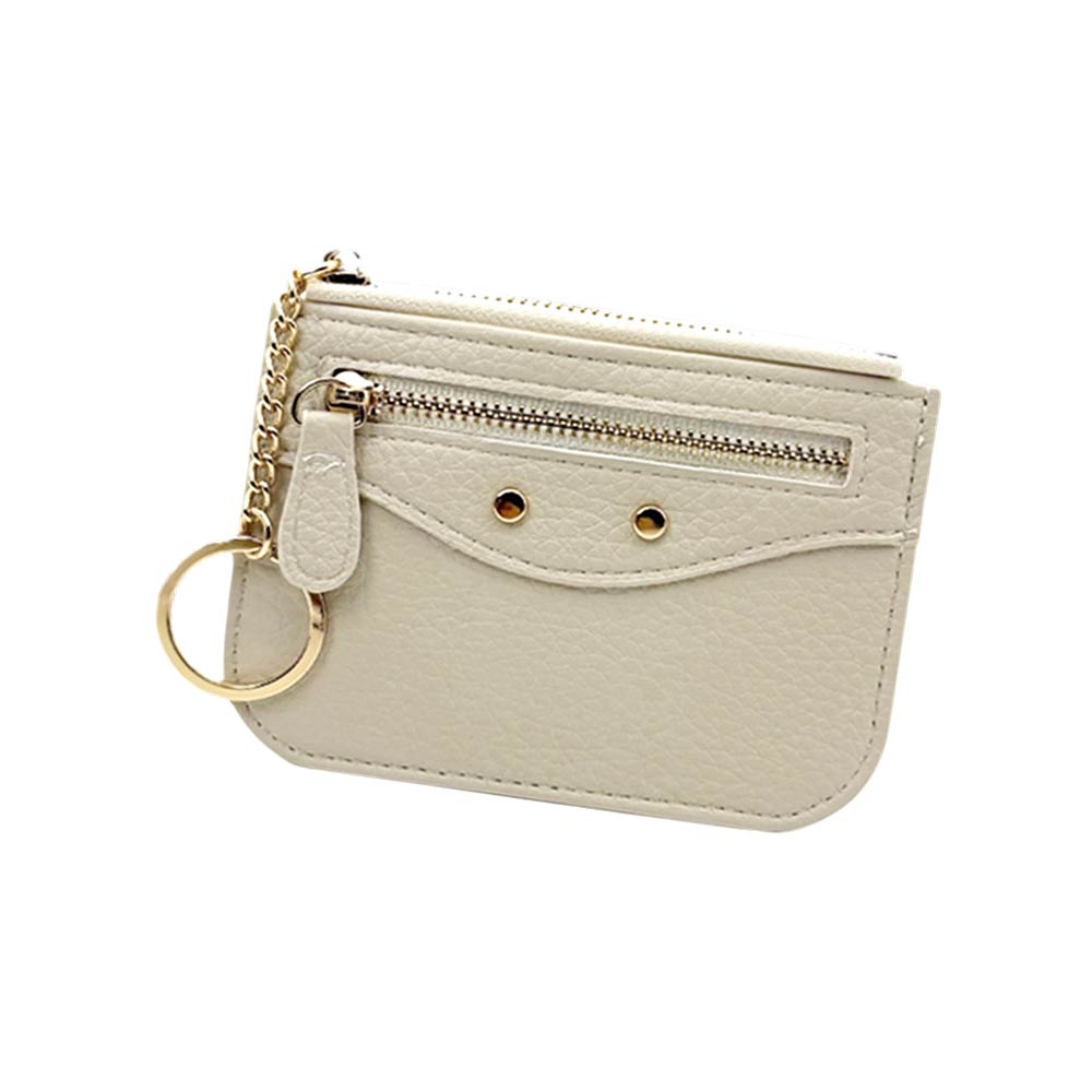 Compact Slim Faux Leather Zip Card Holder Wallet with Key Ring
