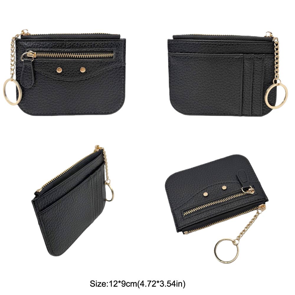 Compact Slim Faux Leather Zip Card Holder Wallet with Key Ring