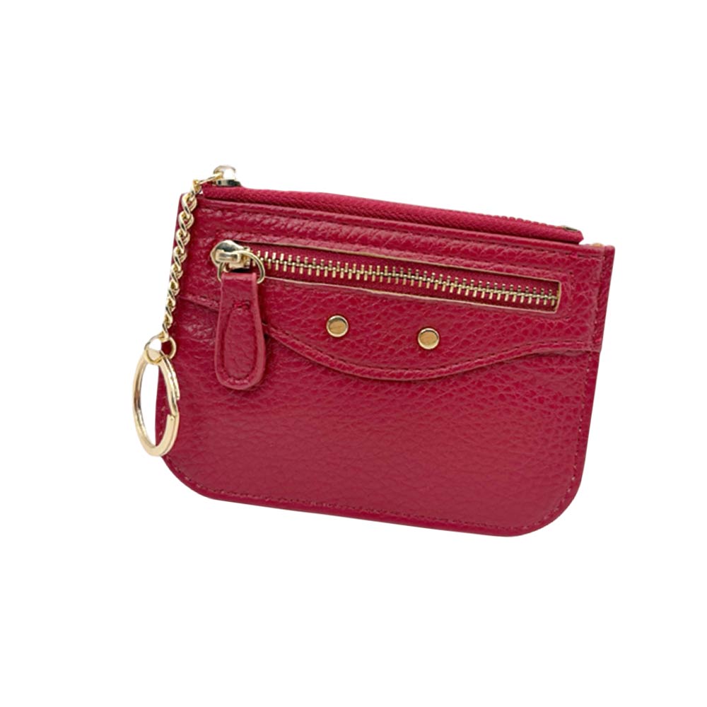 Compact Slim Faux Leather Zip Card Holder Wallet with Key Ring