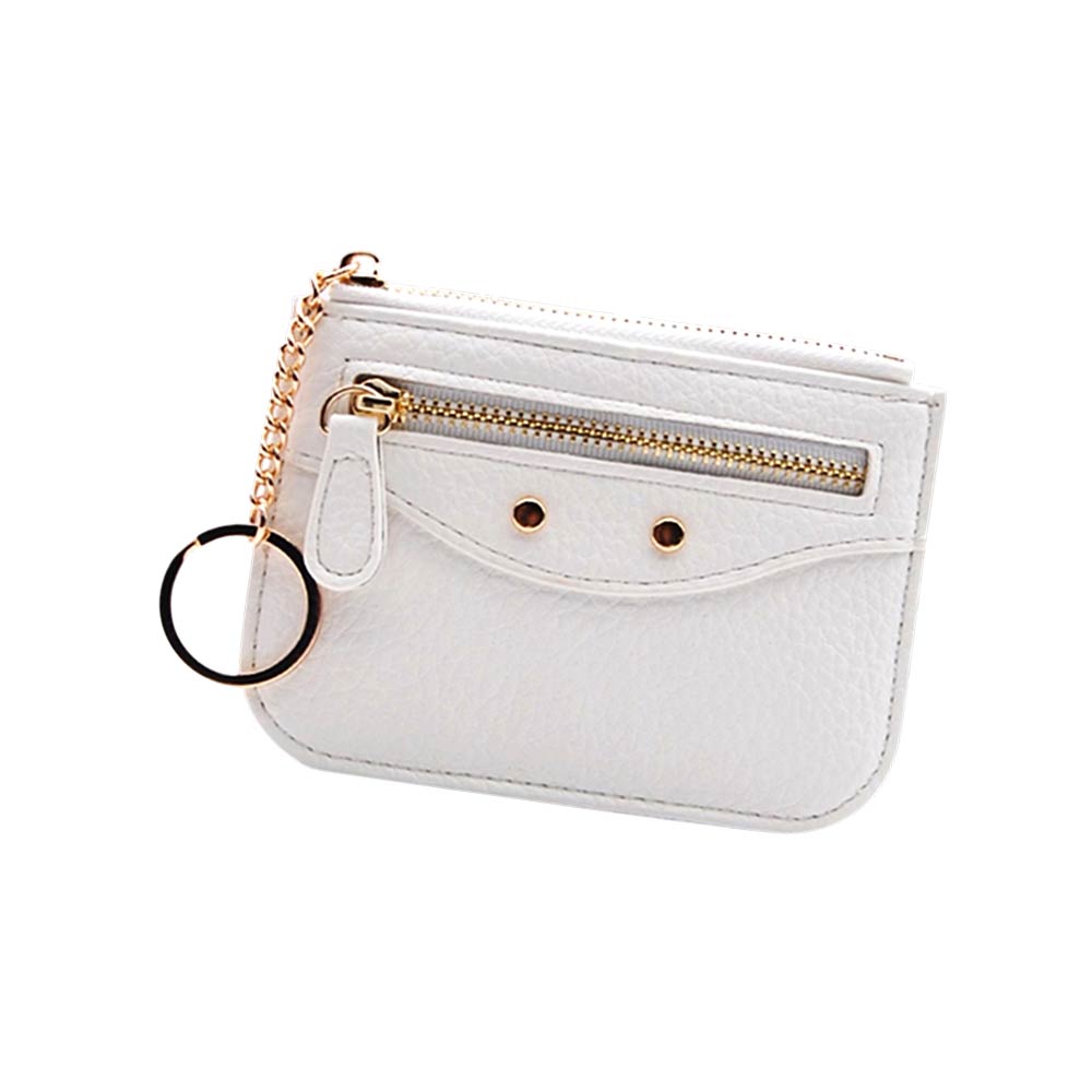 Compact Slim Faux Leather Zip Card Holder Wallet with Key Ring