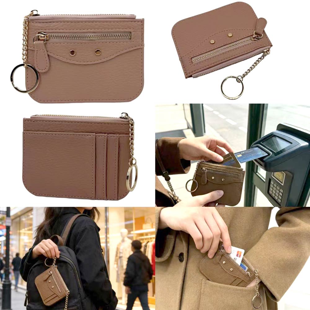 Compact Slim Faux Leather Zip Card Holder Wallet with Key Ring