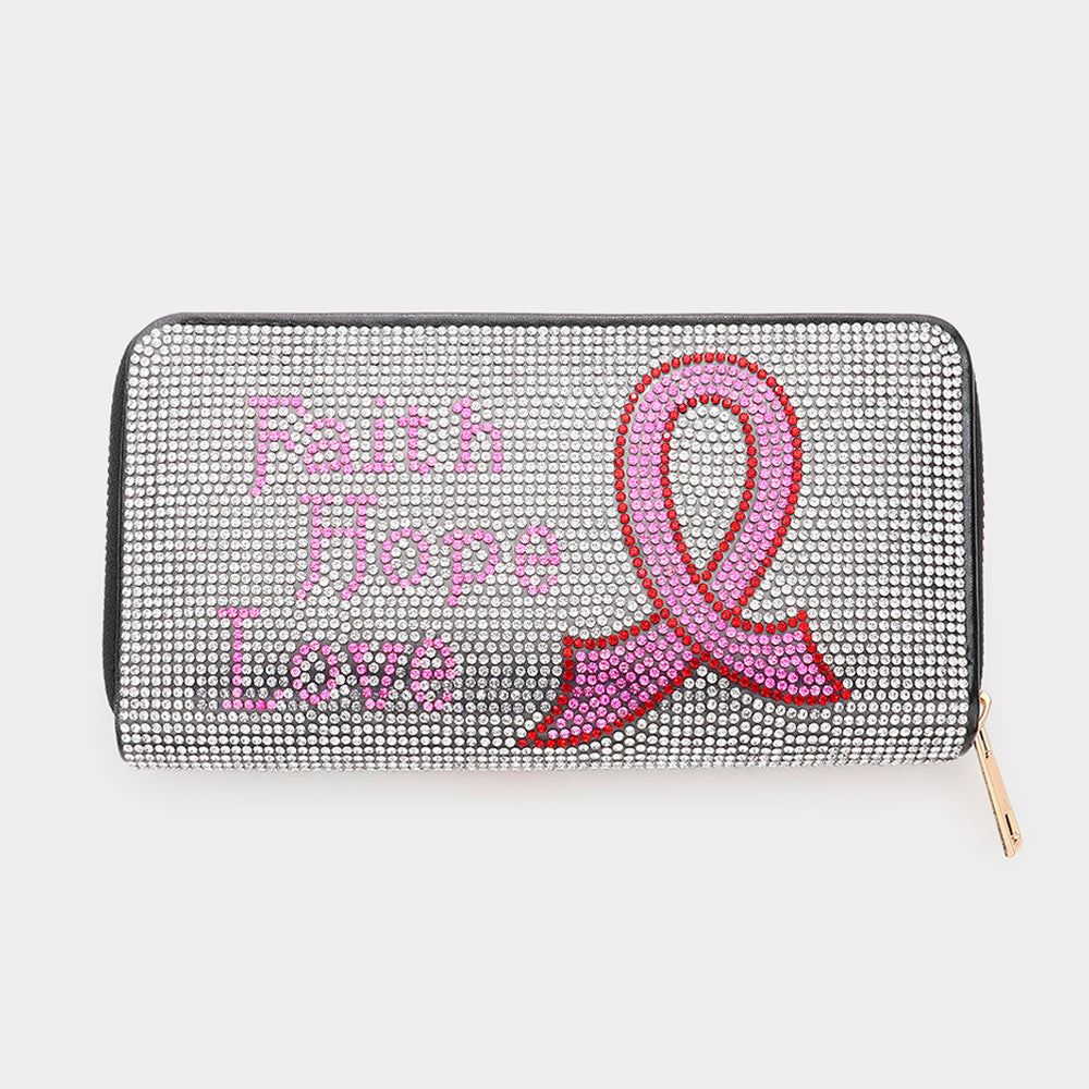 Bling Faith Hope Love Message Pink Ribbon Zipper Wallet