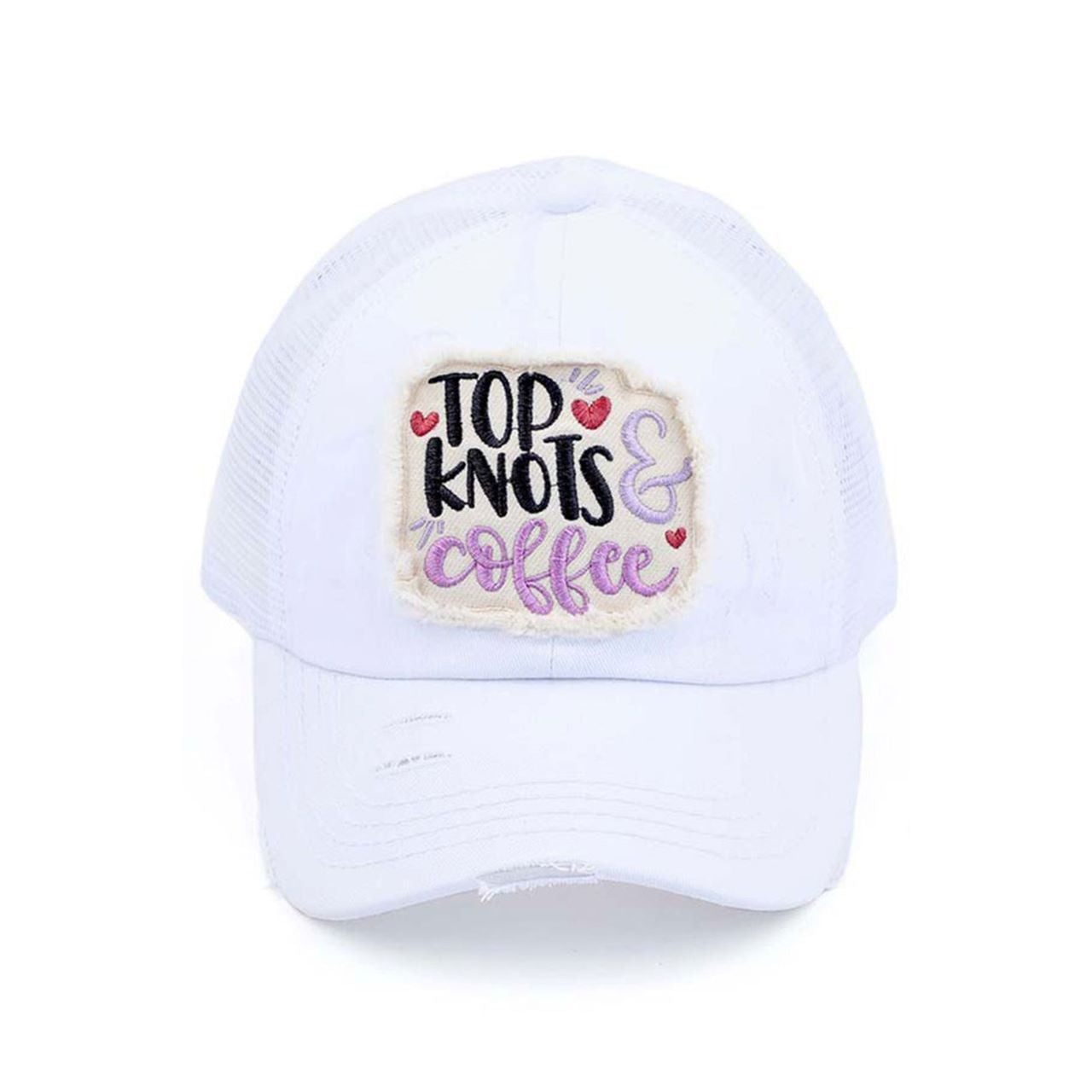 C.C DISTRESSED TOP KNOTS AND COFFEE PATCH PONYCAP