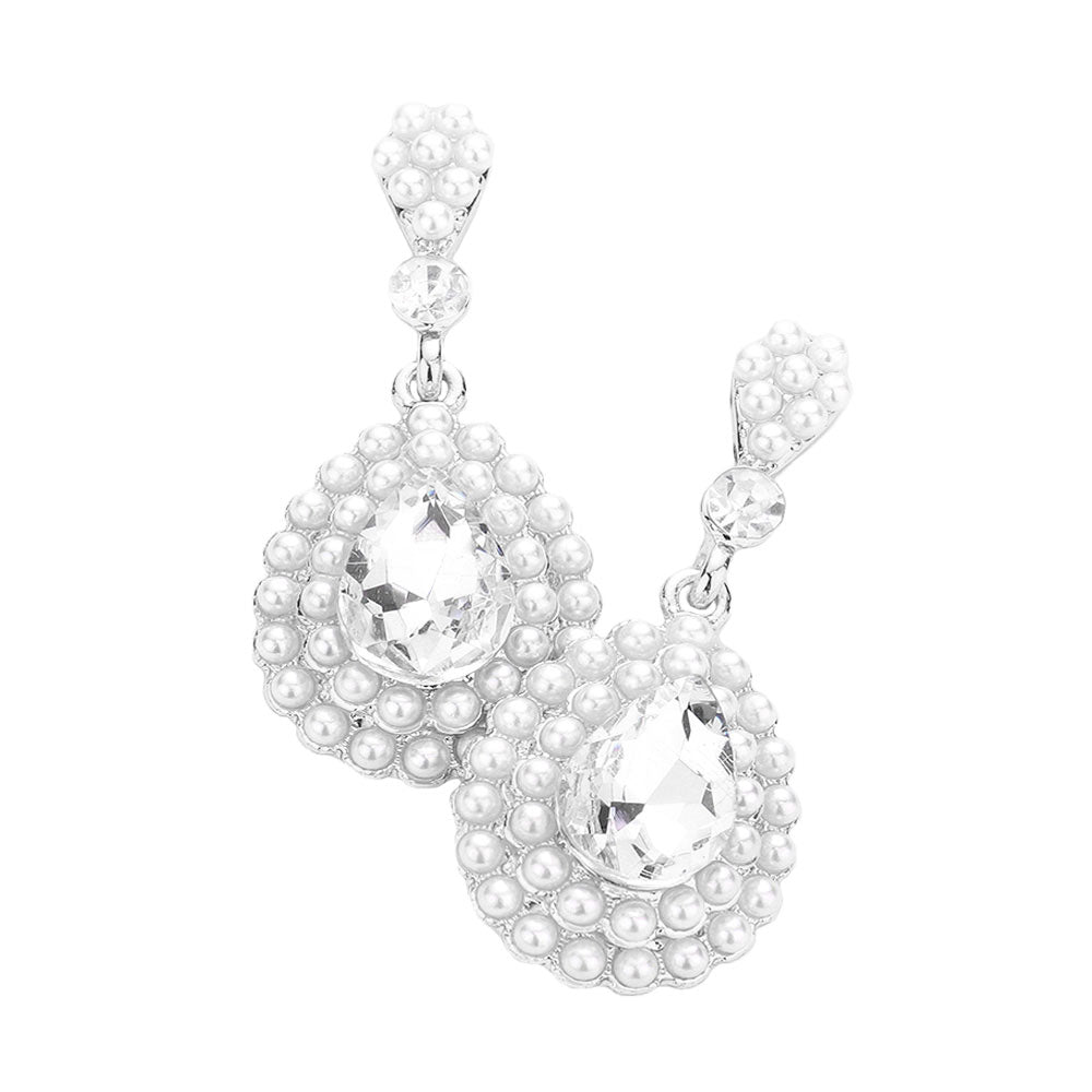 Pearl Trim Glass Teardrop Stone Evening Earrings