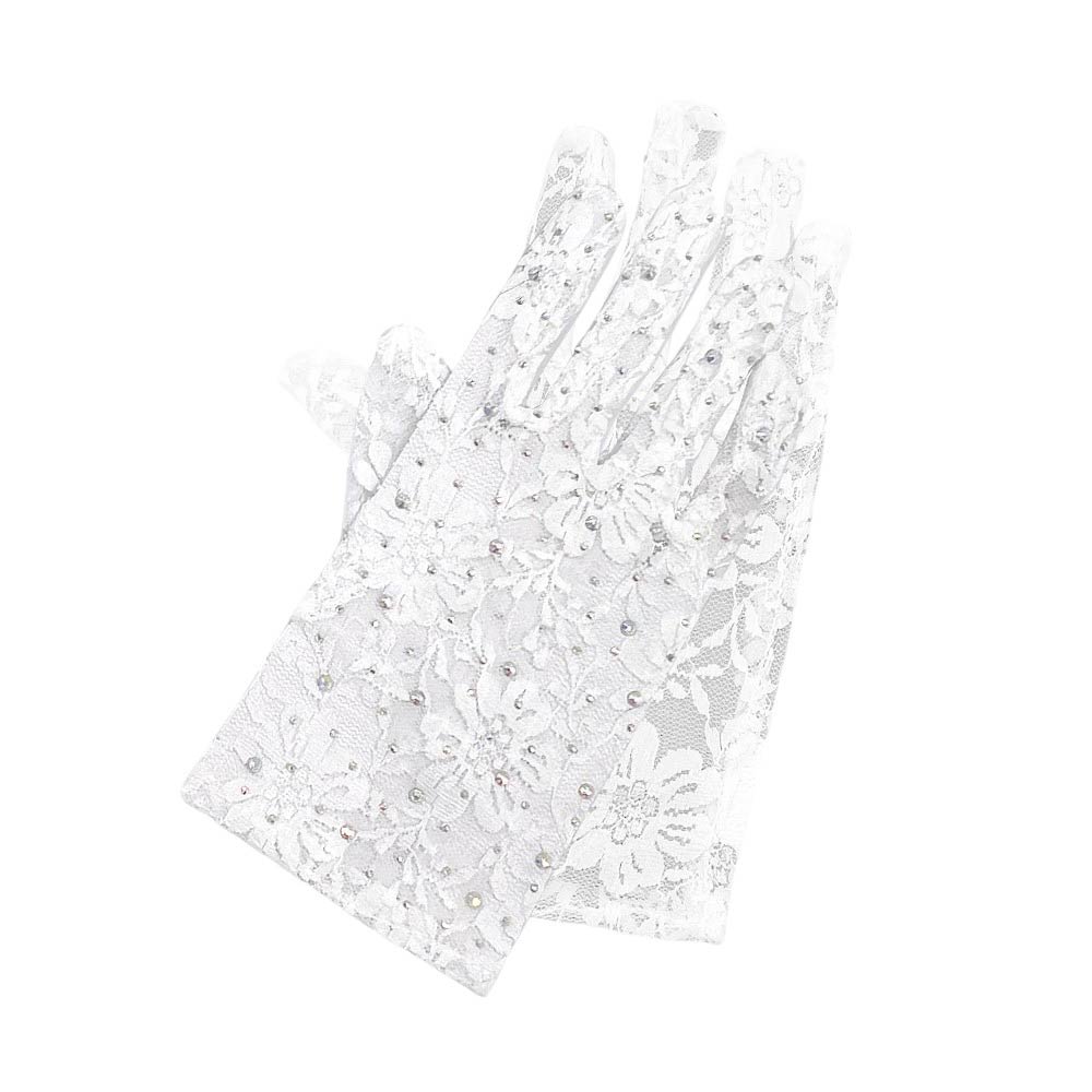 Stone Embellished Floral Lace Dressy Wedding Gloves