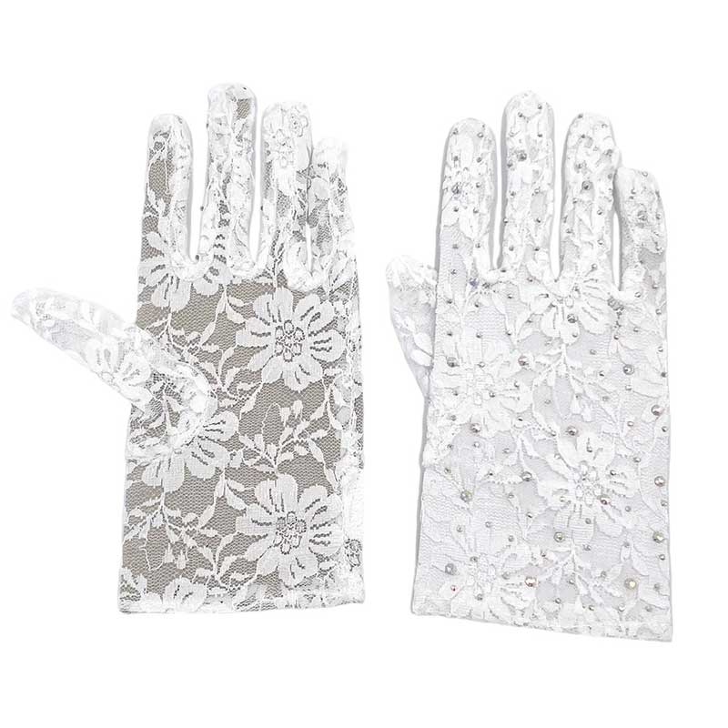 Stone Embellished Floral Lace Dressy Wedding Gloves