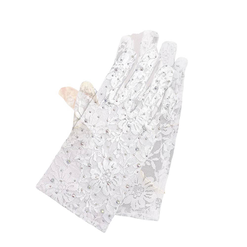 Stone Embellished Floral Lace Dressy Wedding Gloves