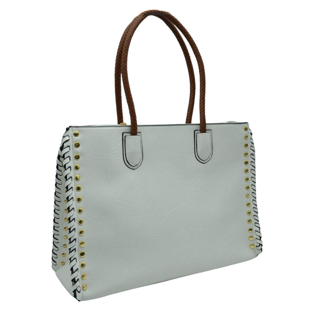 Women's Studded Faux Leather Whipstitch Shoulder Bag Tote
