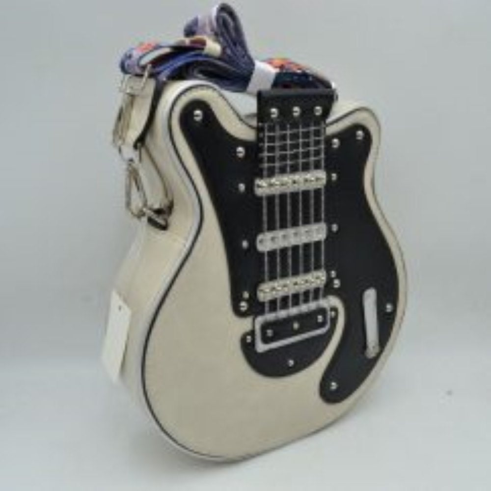 Guitar Shaped Novelty Crossbody Bag with Printed Fabric Strap