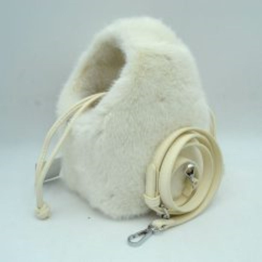 Plush Faux Fur Bucket Handbag with Drawstring and Removable Strap