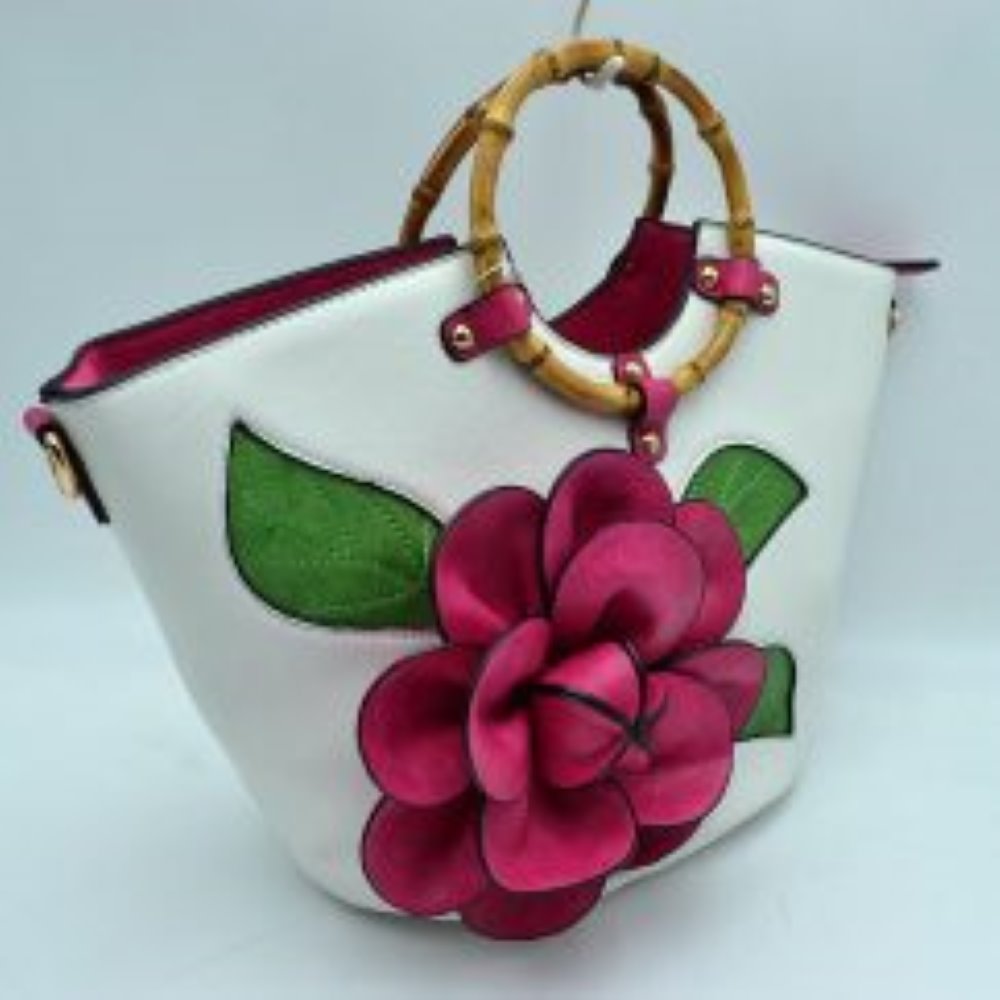 Floral Applique Tote Bag with Segmented Round Top Handles