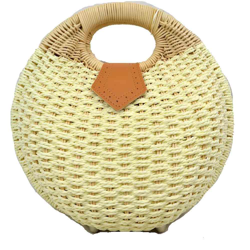 Boho Round Woven Straw Satchel – Convertible Circle Basket Bag with Chain Strap
