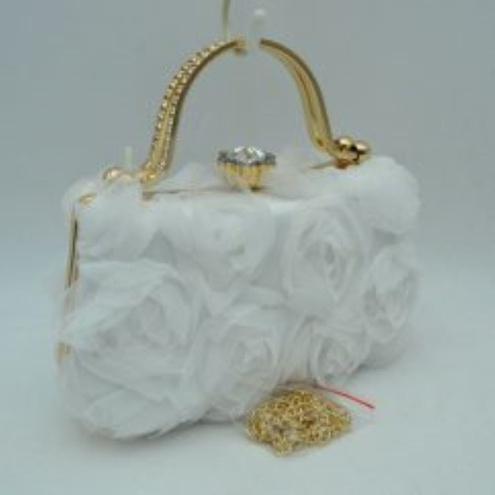 Floral Rosette Evening Minaudiere Clutch Bag with Rhinestone Clasp