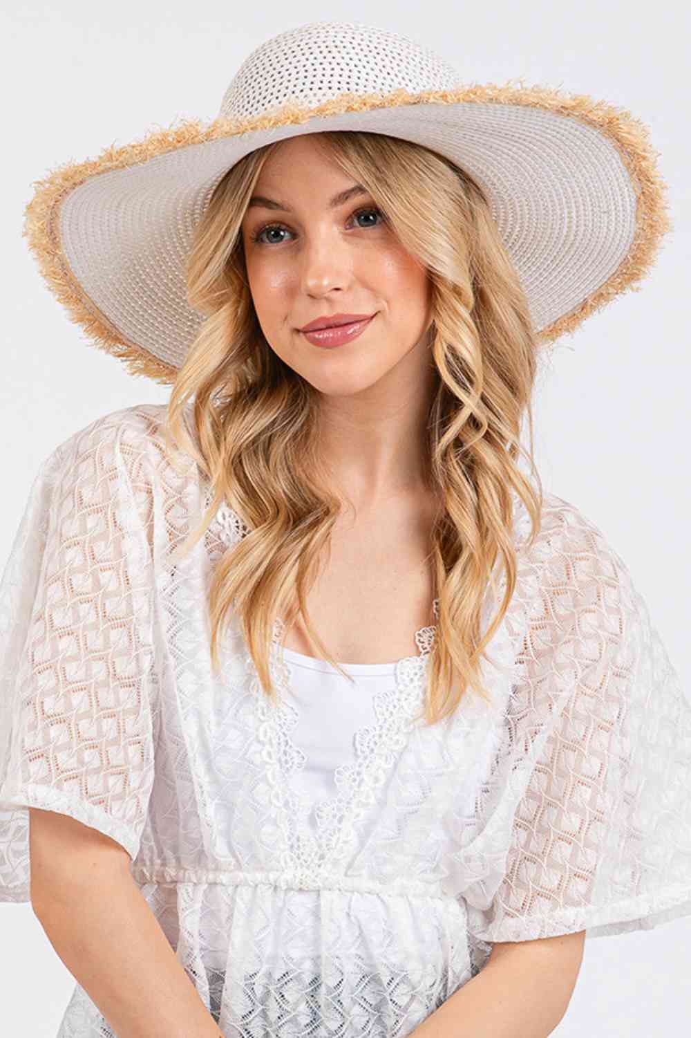 Frayed Edge Two Tone Floppy Summer Straw Hat