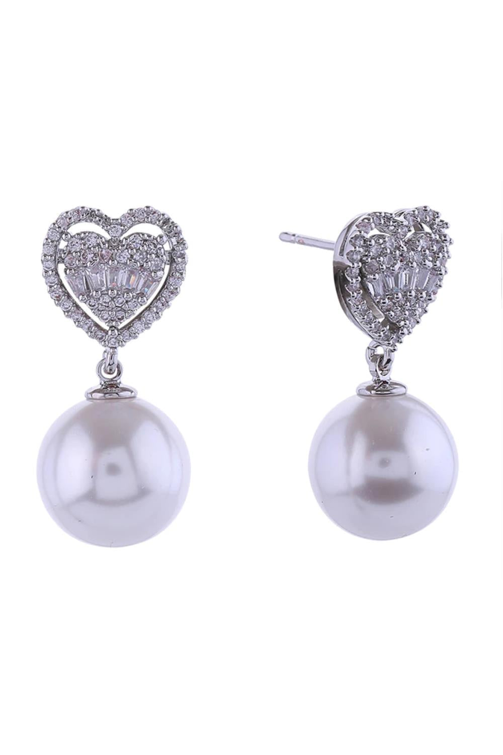 14K Crystal Heart Top Pearl Dangle Earrings