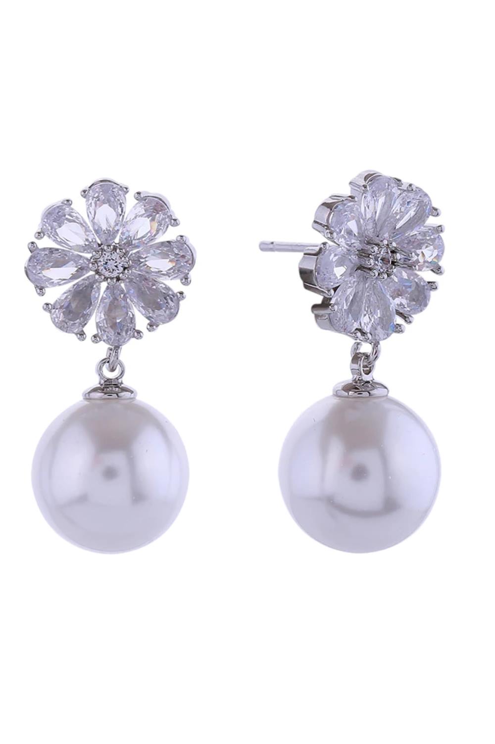 14K Flower Crystal Top Pearl Post Earrings
