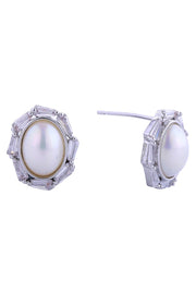14K Oval Pearl Pave CZ Post Earrings