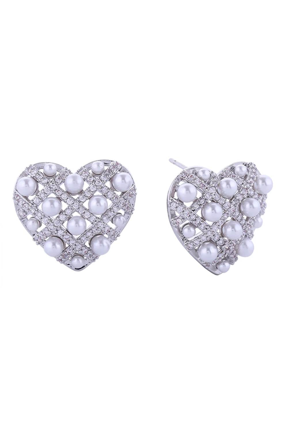 14K Woven CZ Pearl Heart Post Earrings