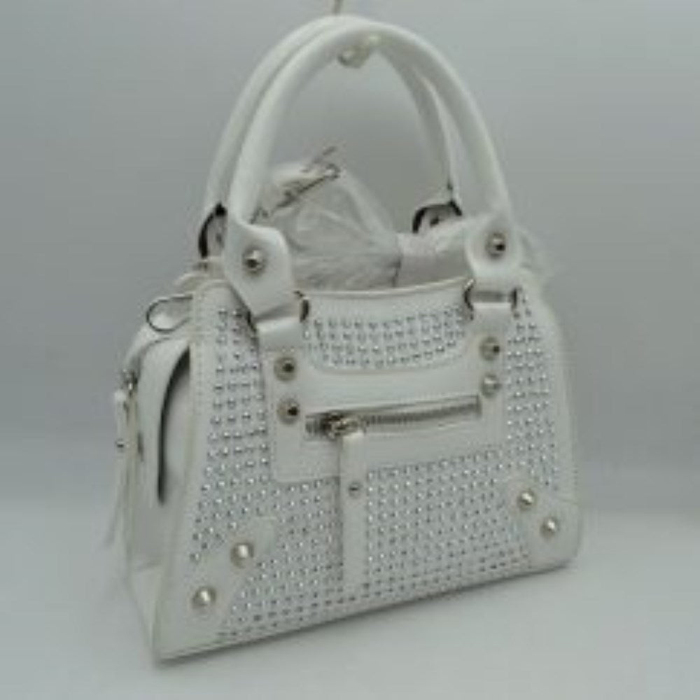 Studded Satchel Handbag with Top Handles and Removable Strap