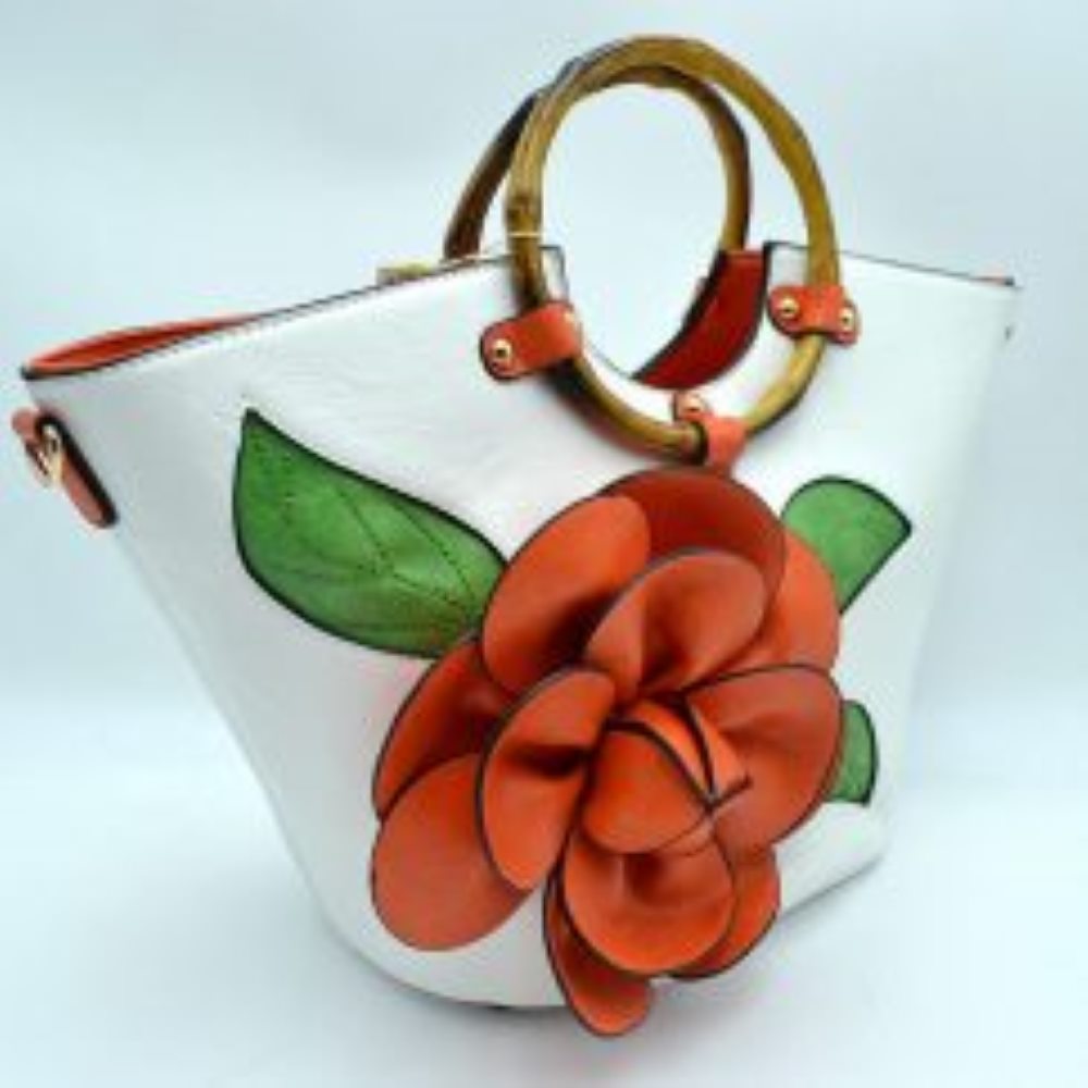 Floral Applique Tote Bag with Segmented Round Top Handles