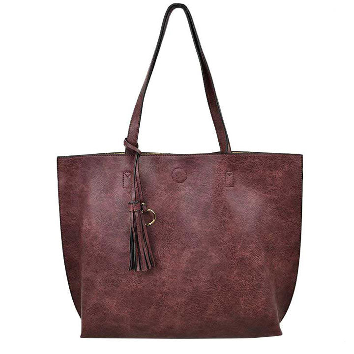 Reversible Faux Leather Tote Bag Vegan Tassel Handbag