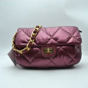 Quilted Metallic Puffer Shoulder Bag with Woven Chain Strap