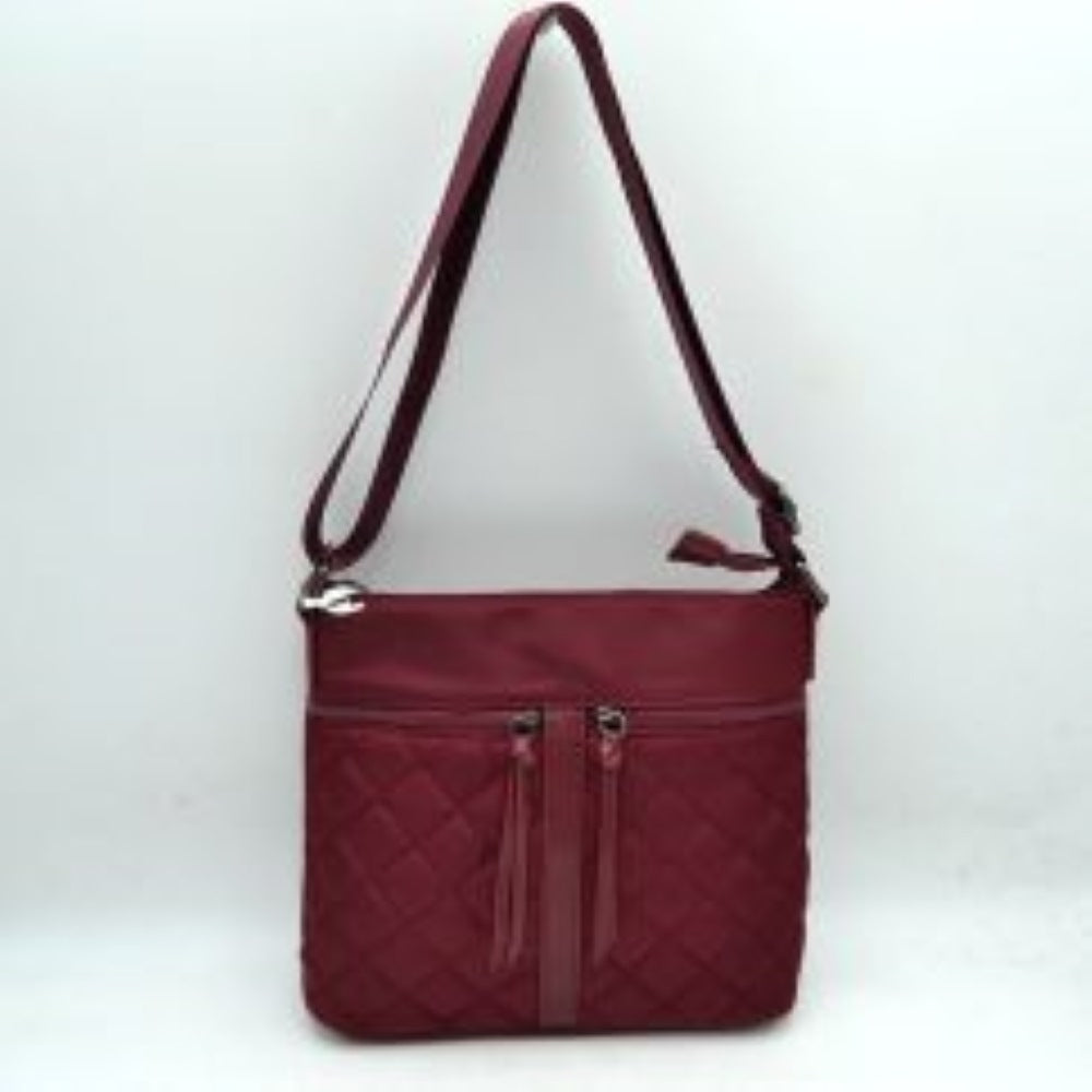Quilted Crossbody Bag with Front Zipper Pockets and Adjustable Strap