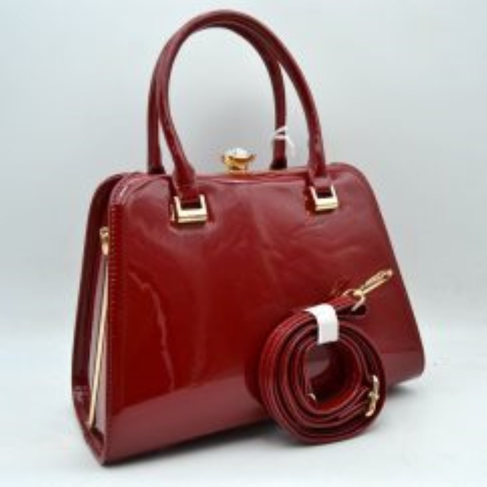 Patent Frame Satchel Handbag with Top Handles and Pearl Clasp